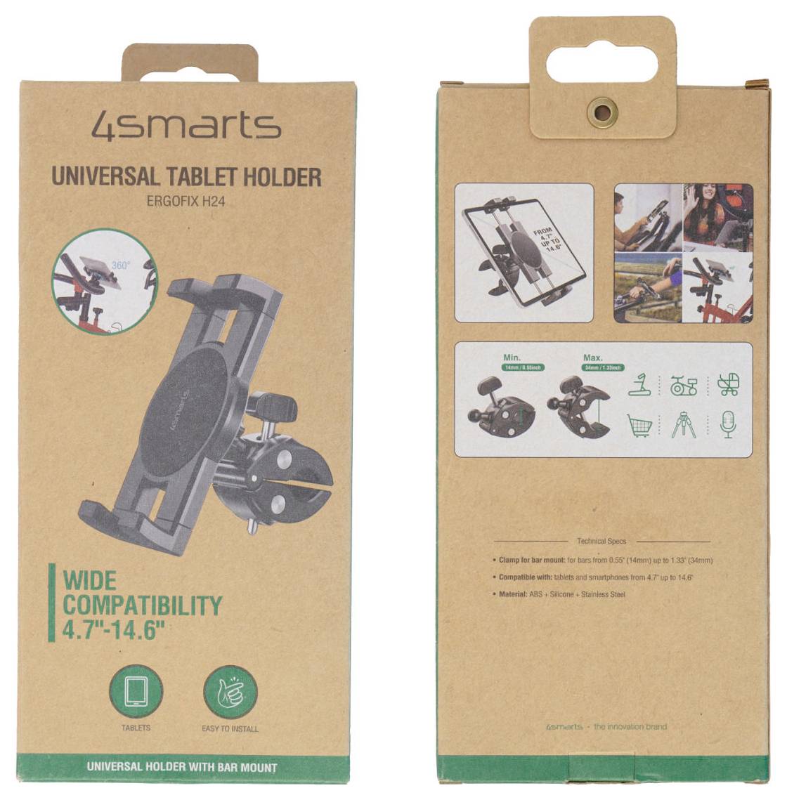 # Vorderseite und Rückseite einer 4smarts Universal-Tablet-Halterungsbox, mit der Bezeichnung „Universal Tablet Holder