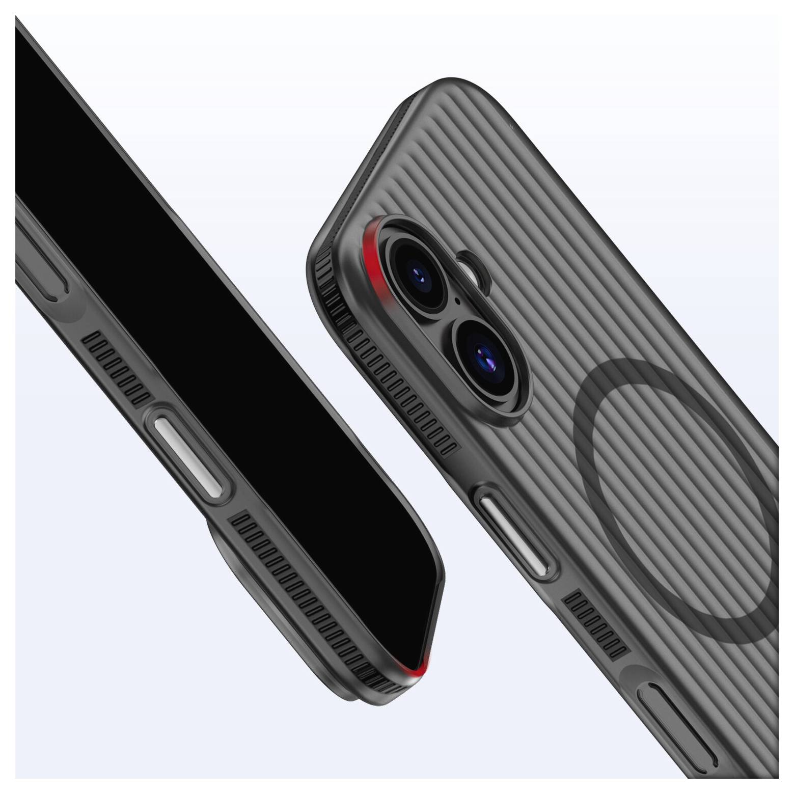 Zwei Smartphone-Hüllen gezeigt: eine Vorderansicht mit schwarzem Bildschirm, eine Rückansicht mit dualem Kameraausschnitt und kreisförmigem MagSafe-ähnlichem Ring.