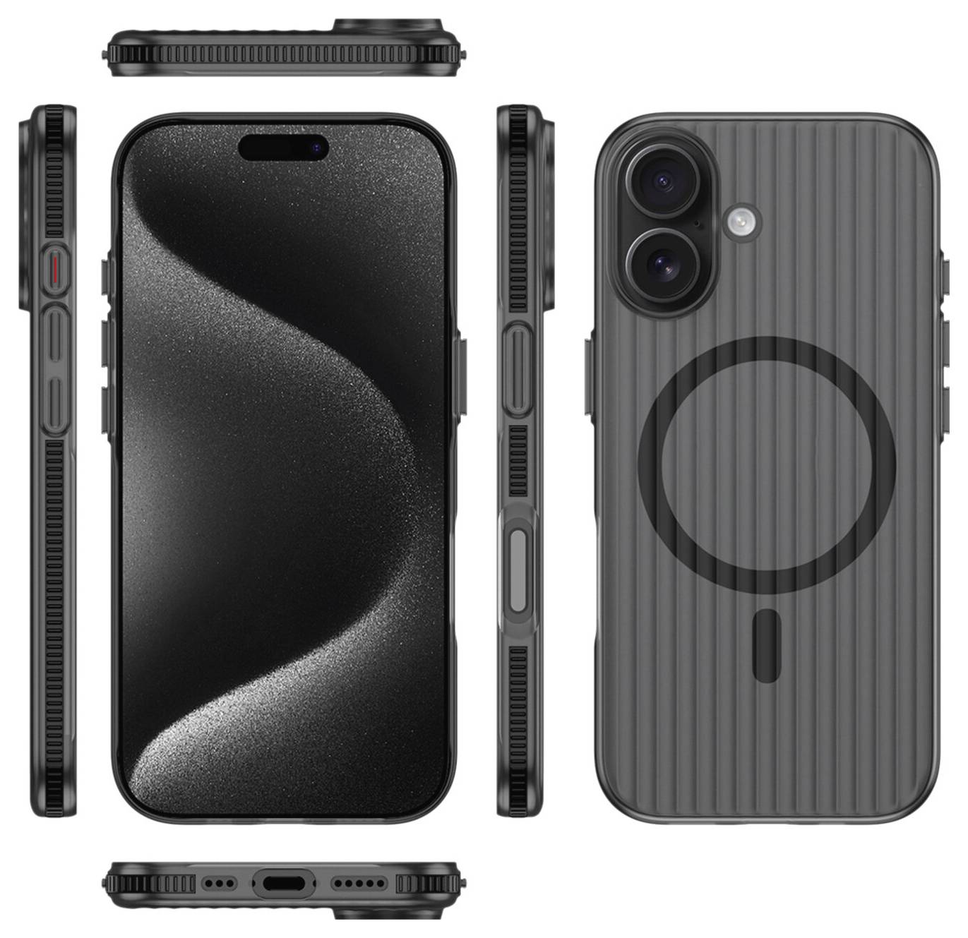 Vier Ansichten einer schwarzen iPhone-ähnlichen Hülle mit gerippten Seiten, Kameraausschnitt und MagSafe-Ring auf der Rückseite.