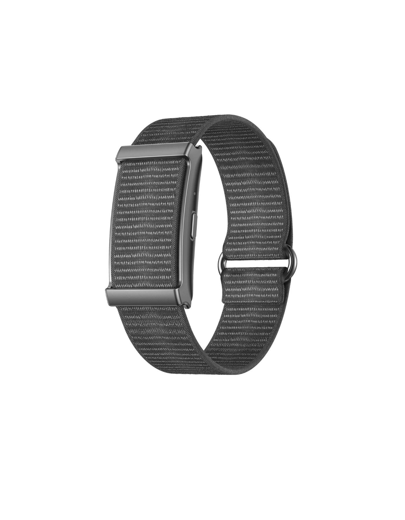 Schwarzes verstellbares Nylon-Uhrenarmband mit Metallschnalle, gezeigt auf weißem Hintergrund.