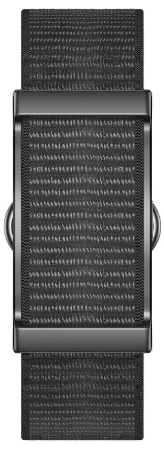 Schwarzes geflochtenes Nylon-Uhrenarmband mit matter schwarzer Metallschließe und Schlaufen, frontal auf weißem Hintergrund dargestellt.