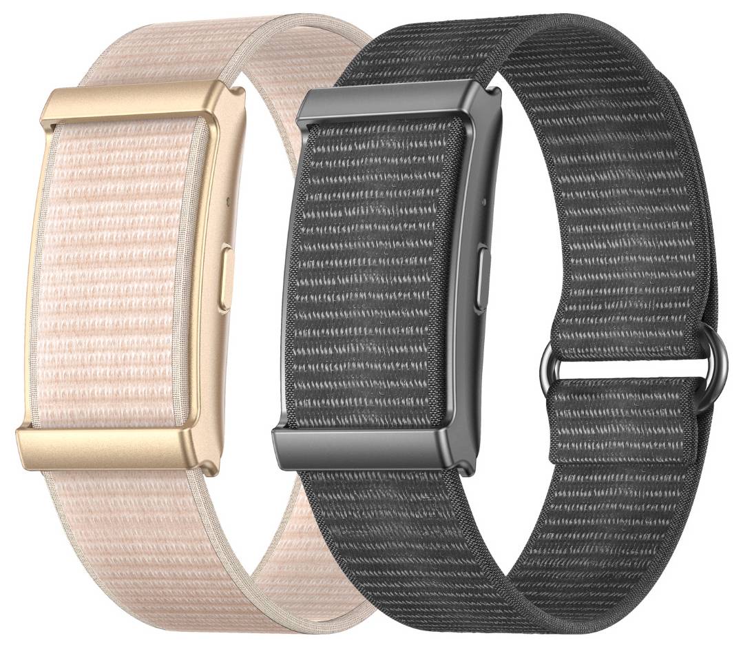 Zwei Smartwatch-Armbänder nebeneinander gezeigt: eines in Roségold mit einem hellrosa gewebten Armband, das andere in Schwarz mit einem dunkelgewebten Armband und einer Metallschnalle.