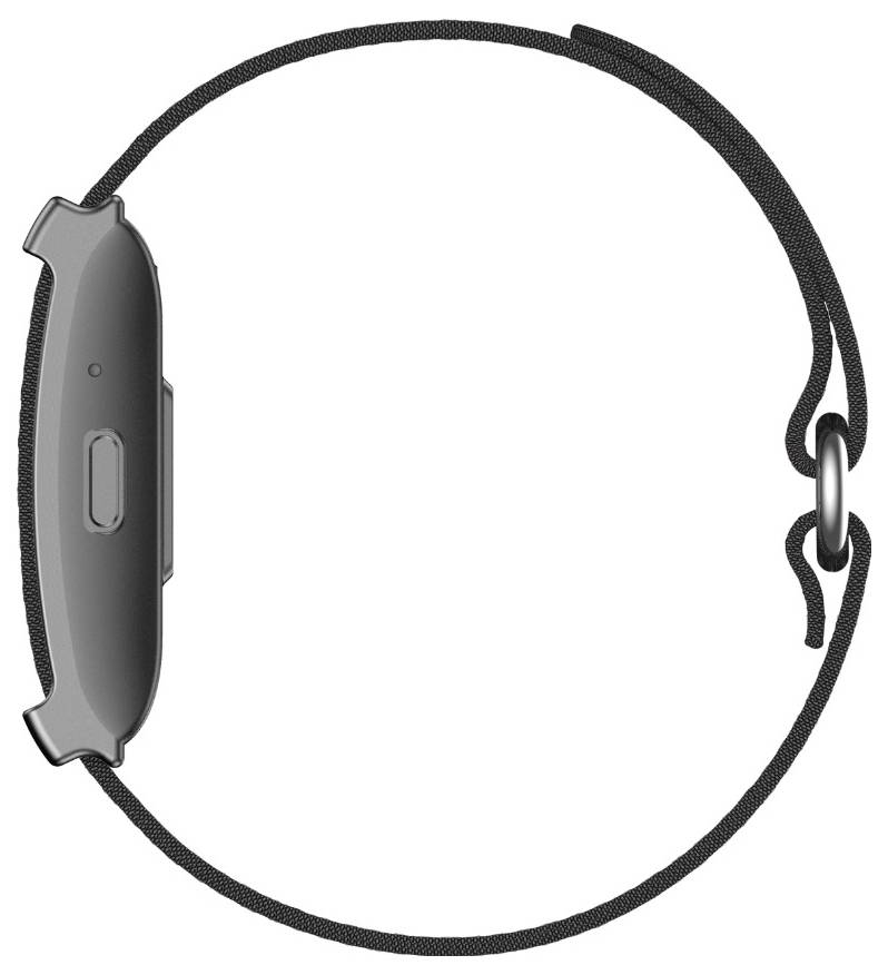 Schwarzes Smartwatch-Armband mit rechteckigem Uhrengehäuse in Seitenansicht, mit gewebtem Riemen und Metallschlaufenverschluss.