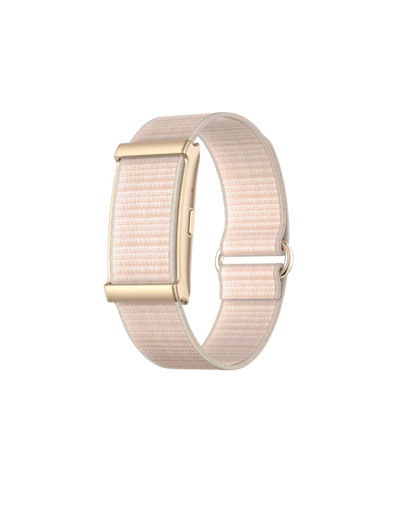 Rosa gewebtes Uhrenarmband mit rosegoldfarbenem Metallverschluss, isoliert auf weißem Hintergrund dargestellt.