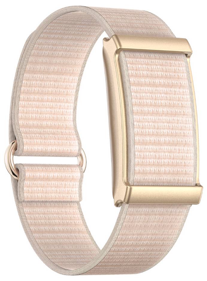 Rosa gewebtes Smartwatch-Armband mit goldener rechteckiger Schnalle und Verschluss, auf weißem Hintergrund gezeigt.