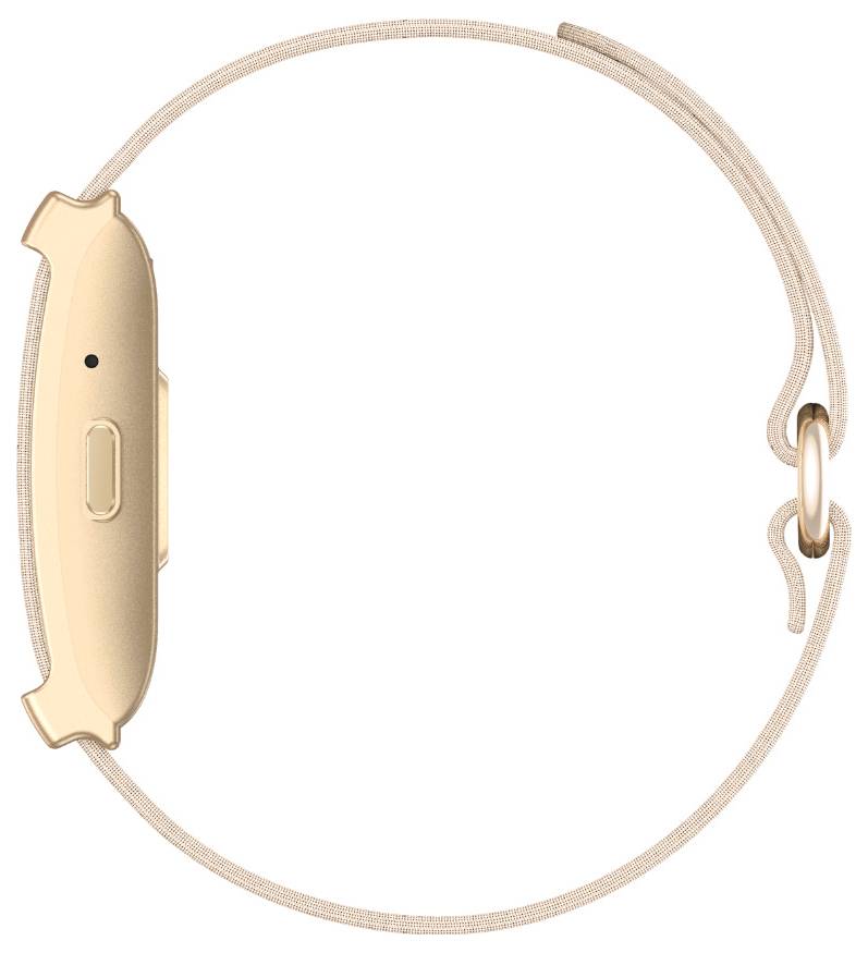 Goldene Smartwatch mit rundem Armband, von der Seite auf weißem Hintergrund abgebildet.