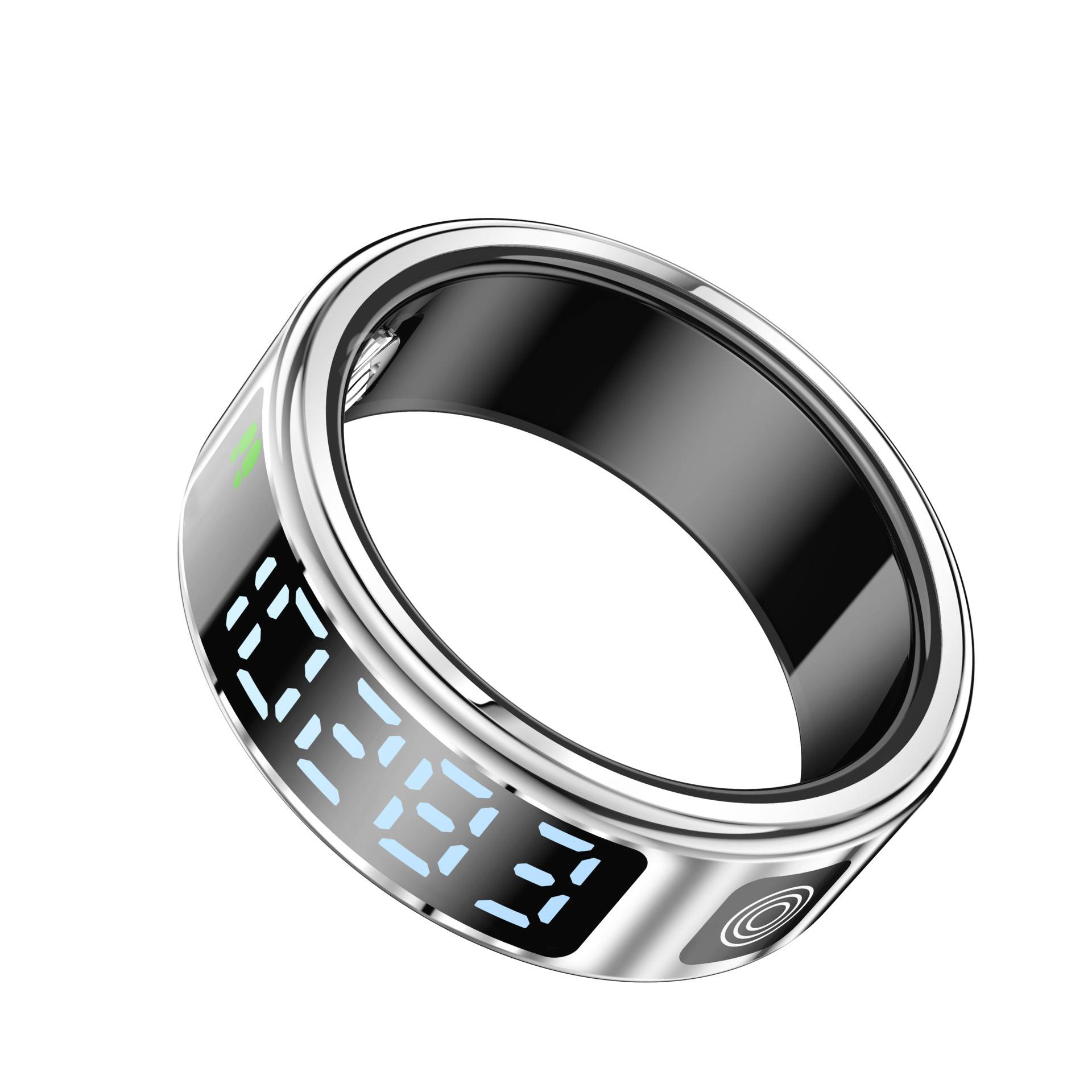 Silberner intelligenter Ring mit schwarzem Innenband, blauem digitalen Display und kleinem grünem Anzeigelicht auf weißem Hintergrund.