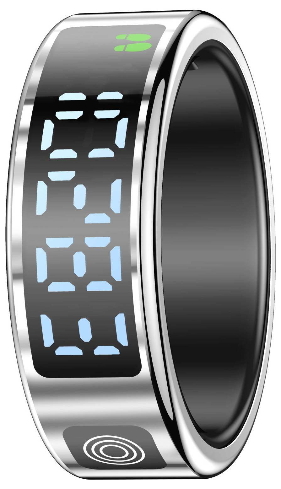 Schwarzer digitaler Ring mit blauen Zeitdigits und einem kleinen grünen Batteriesymbol, mit einem Berührungssensor-Symbol in der Nähe des unteren Bereichs.