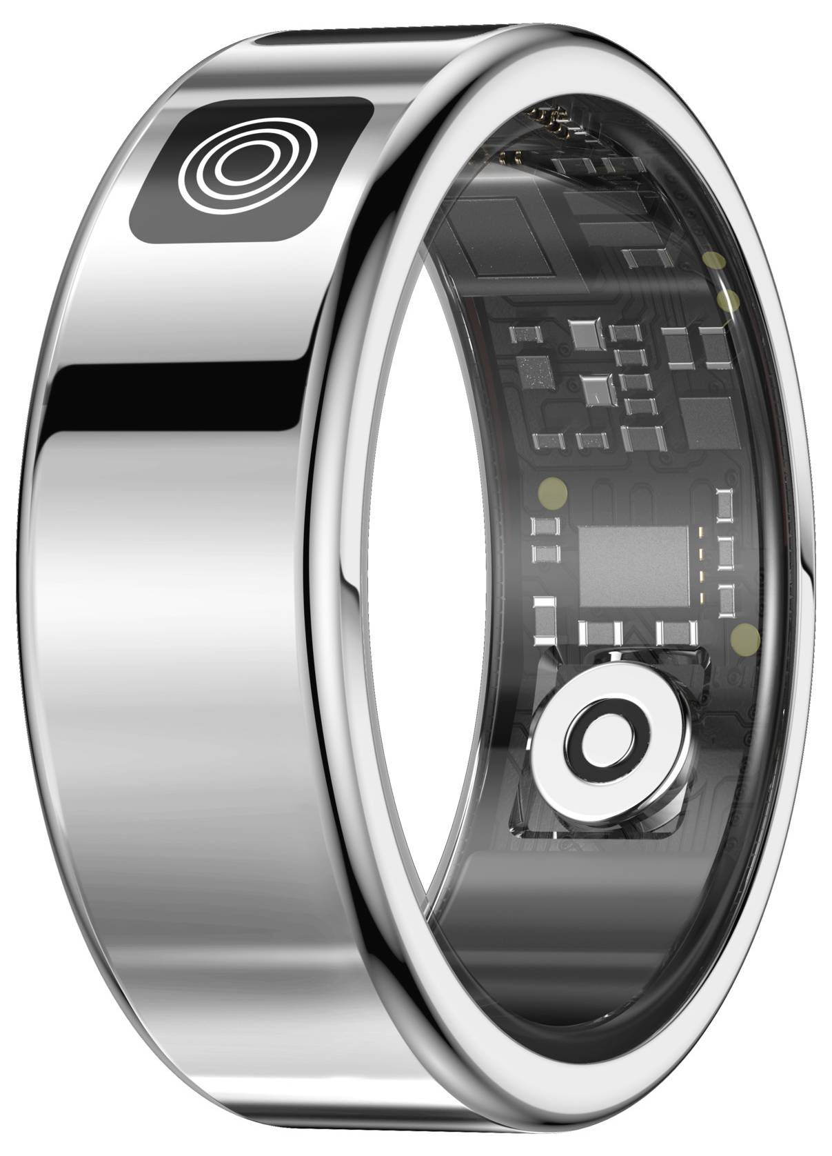 Silberner intelligenter Ring mit schwarzem Schaltkreismuster im Inneren und kreisförmigem Touch-Symbol auf dem äußeren Band