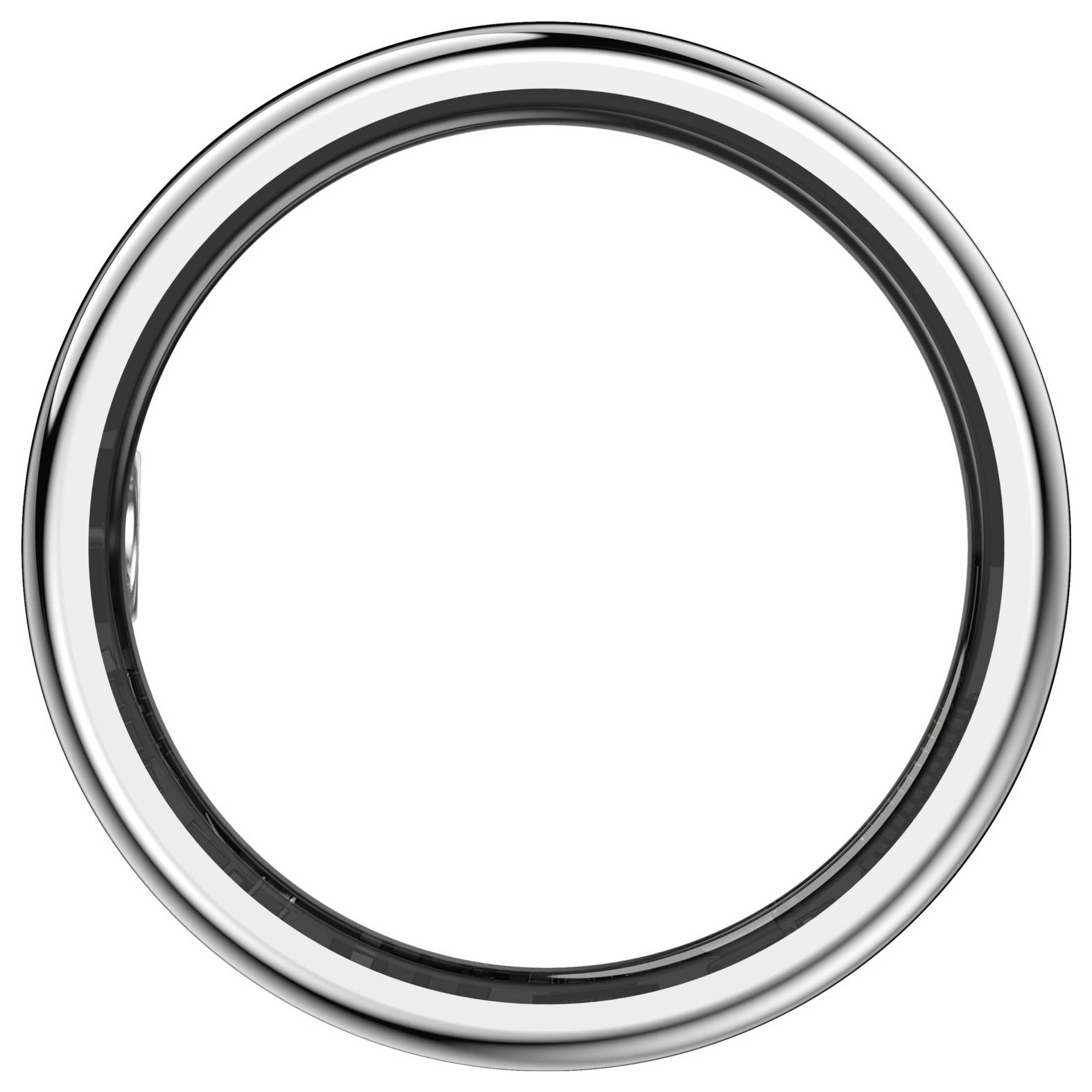 Ein verchromter kreisförmiger Ring oder eine Fassung mit hohlem Mittelteil, auf weißem Hintergrund dargestellt.