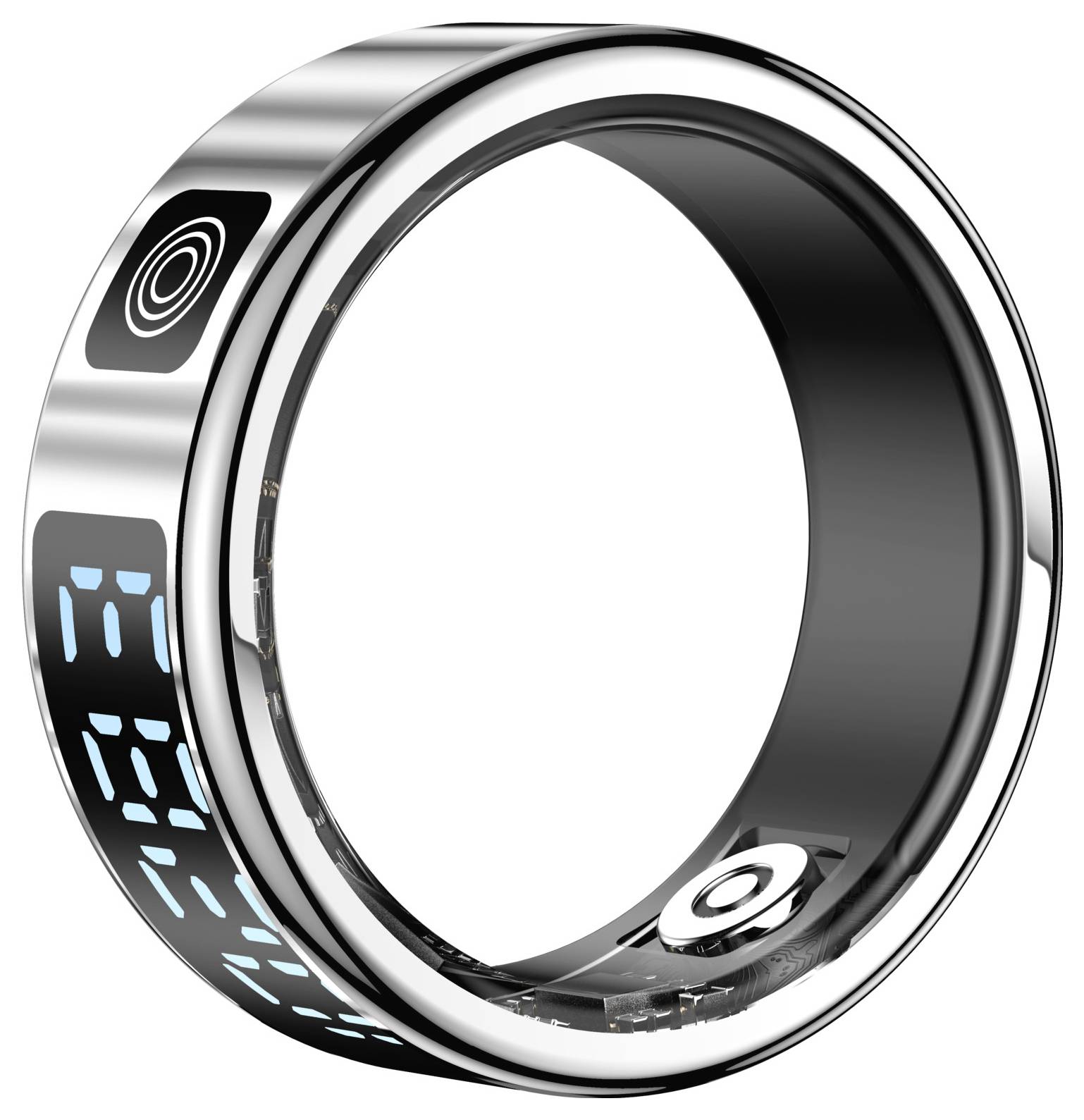 Ein futuristischer intelligenter Ring mit einem schwarzen und silbernen Band, das ein kreisförmiges Touch-Symbol und ein leuchtendes blaues digitales Display auf der Außenseite aufweist.