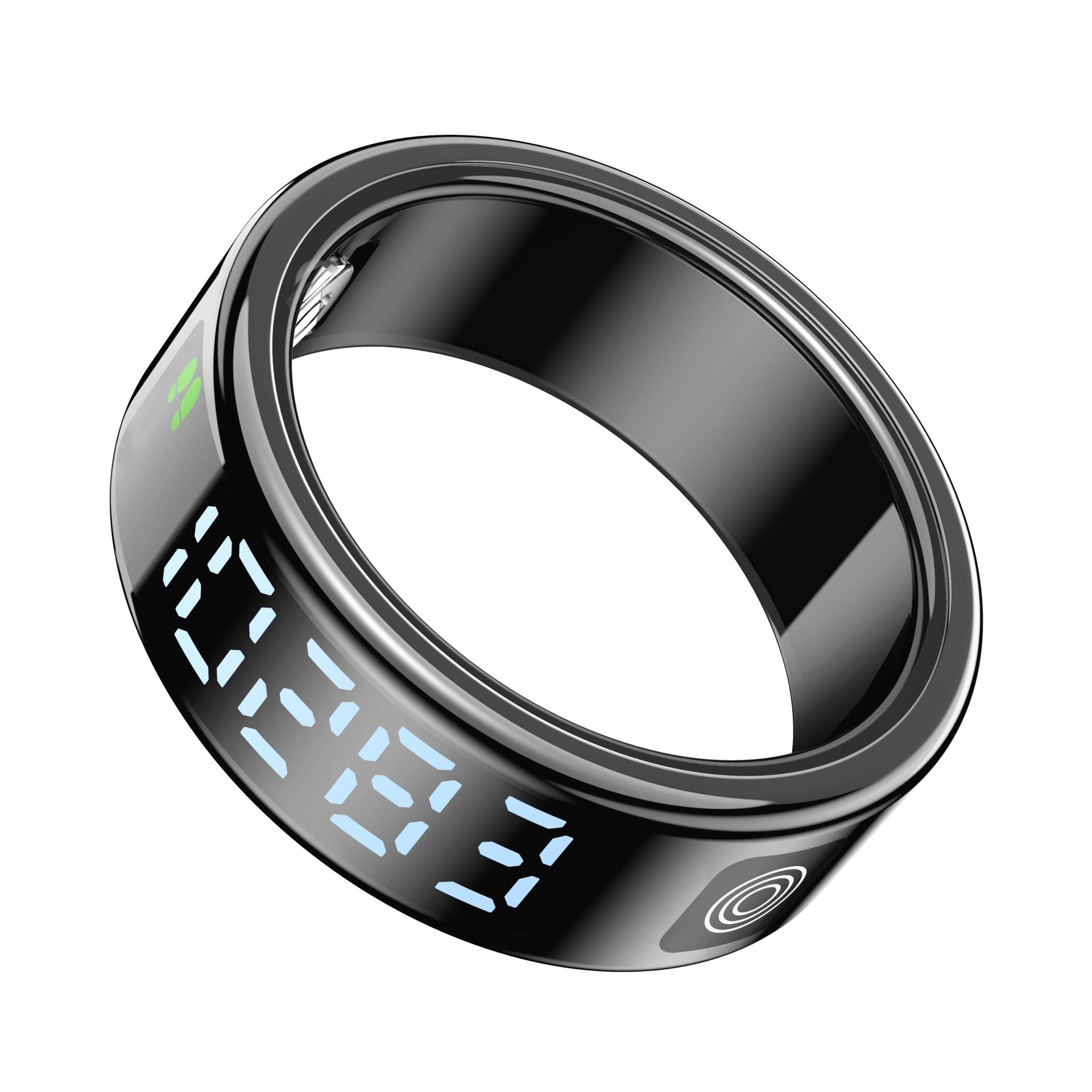 Schwarzer intelligenter Ring mit blauem digitalen Display, das „12:34