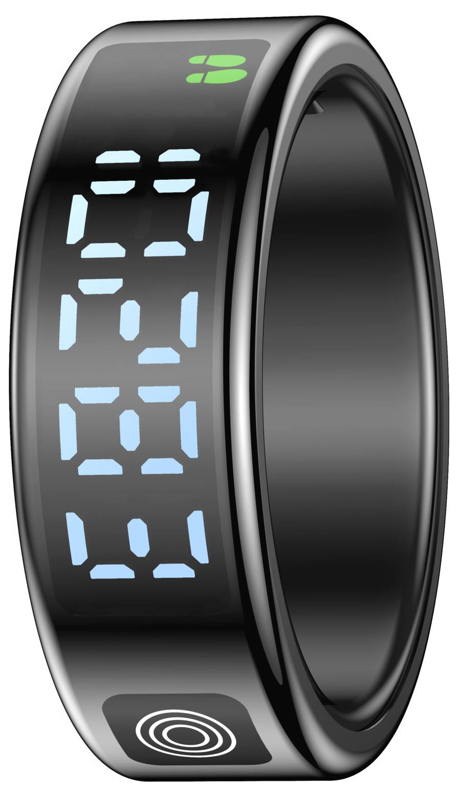 Schwarzes digitales Armband mit leuchtenden blauen segmentierten Ziffern und einem kleinen grünen Indikator, das ein elegantes Fitness-Wearable zeigt
