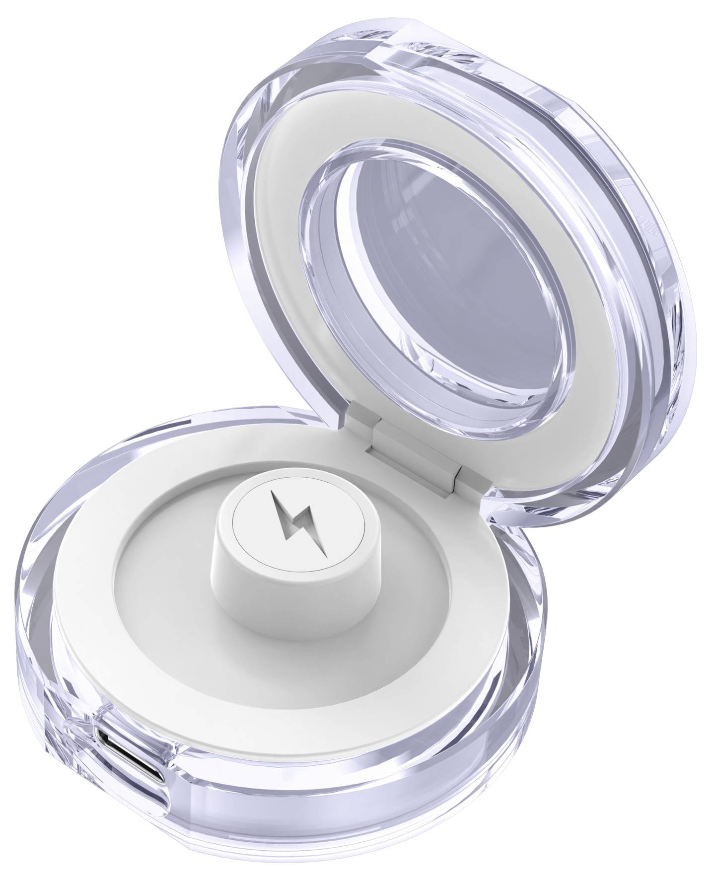 Offener durchsichtiger Kosmetik-Compact mit weißer Creme-Pfanne und zentralem Knopf, von oben auf weißem Hintergrund dargestellt.