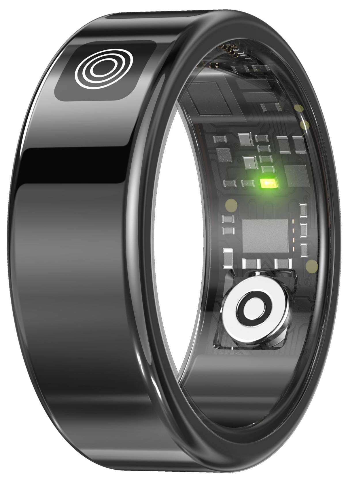 Schwarzer intelligenter Ring mit einem kreisförmigen Symbol auf der Oberseite; das Innere zeigt sichtbare Elektronik und einen leuchtenden grünen Indikator.