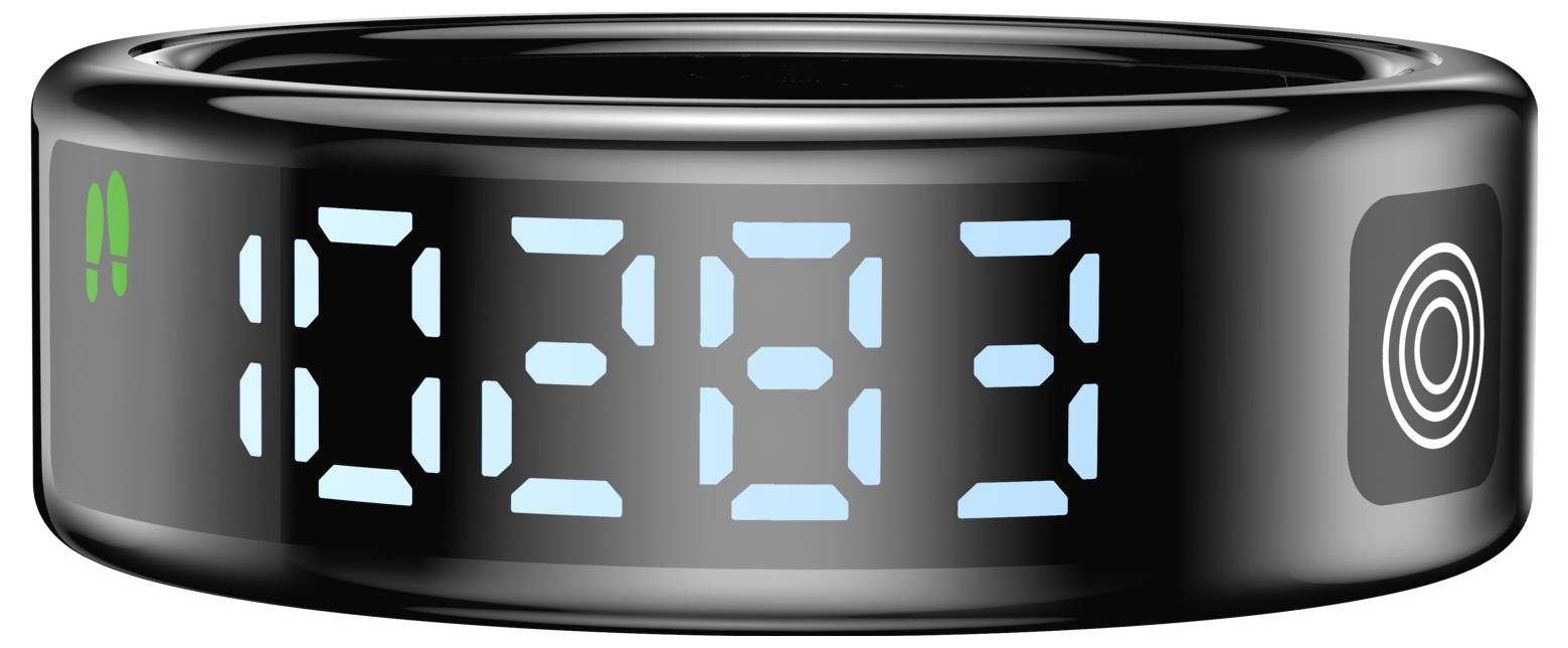 Schwarzer digitaler Smart Ring mit hellblauem '0283' auf dem Display und Touch-Symbolen auf beiden Seiten.