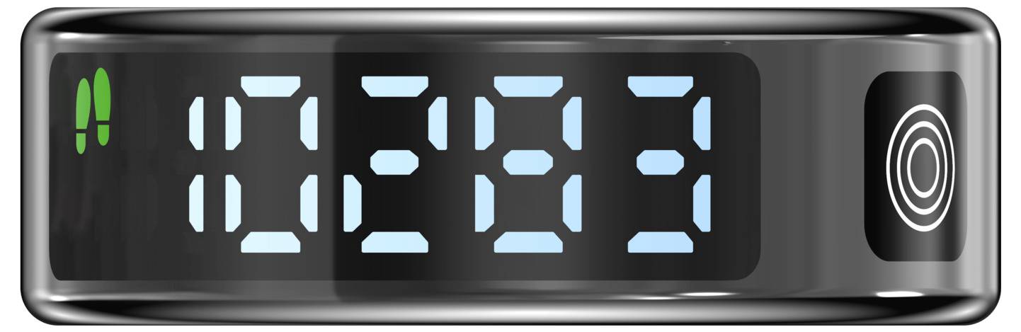 Digitale Armbanduhr-Anzeige zeigt 10:28:33, mit Sekunden, die auf einem schwarzen Bildschirm ticken, und einer runden Taste auf der rechten Seite.