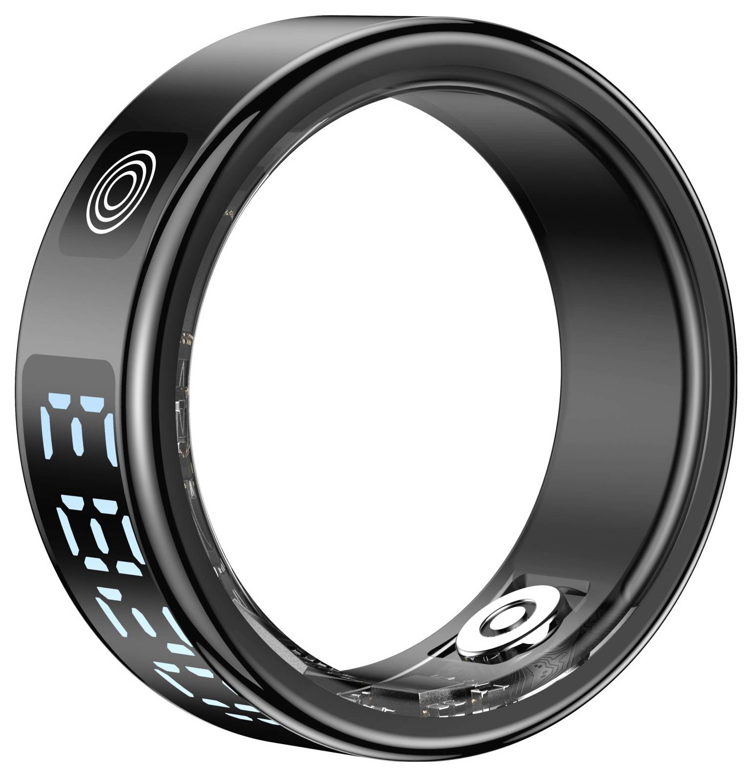 Schwarzer intelligenter Ring mit digitalem Display und Touch-Symbol, dargestellt in angewinkelter Produktansicht auf weißem Hintergrund.