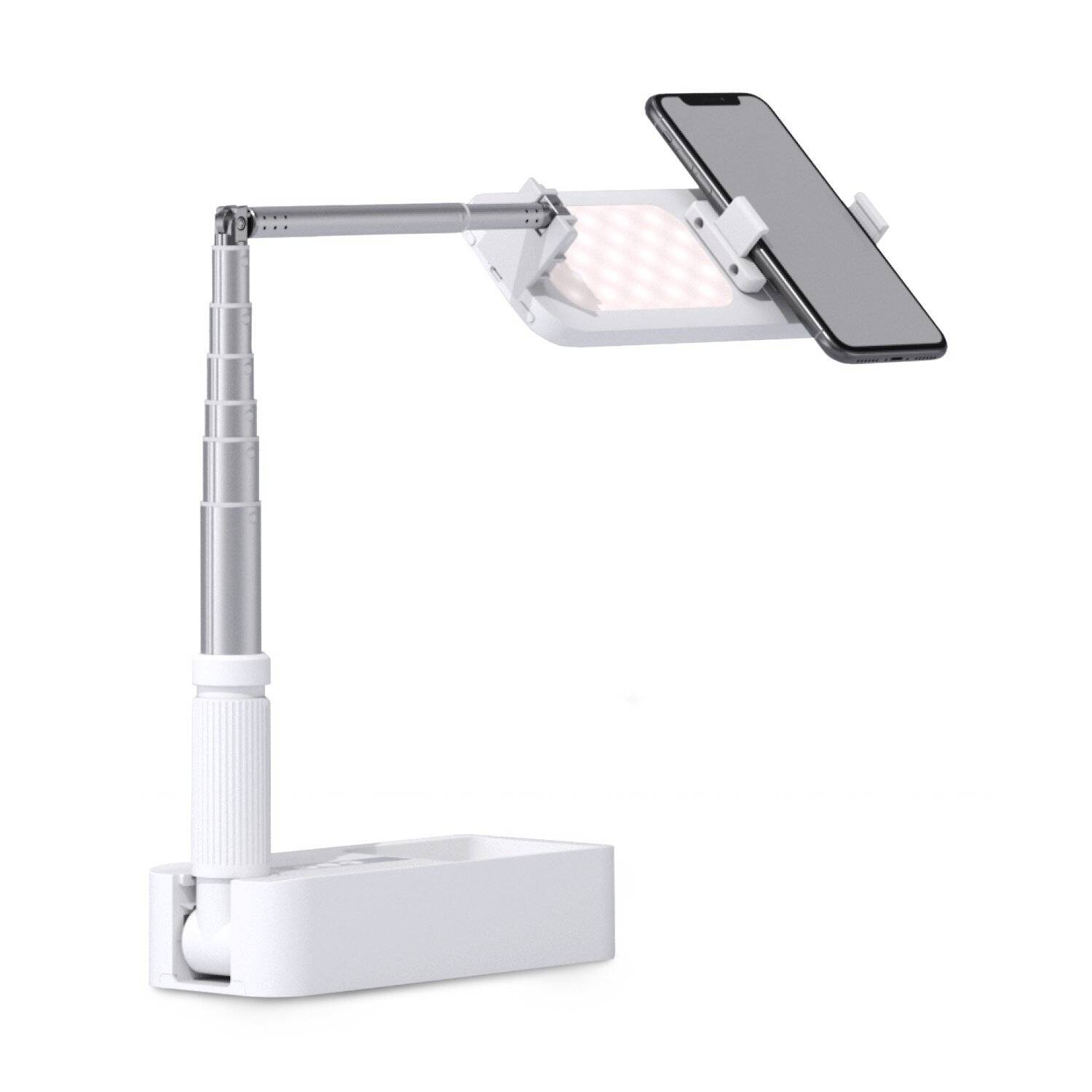 Verstellbare Schreibtischlampe mit Klemmfuß und eingebautem LED-Licht, die ein Smartphone in einer horizontalen Halterung hält
