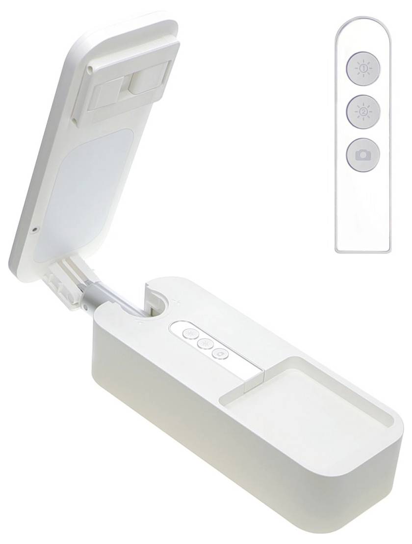 Tragbare weiße UV-Desinfektionsbox mit aufgeklapptem Deckel, Tablett und Bedienfeld mit drei Tasten, gezeigt in offener Ansicht, mit einer Nahaufnahme der Tasten