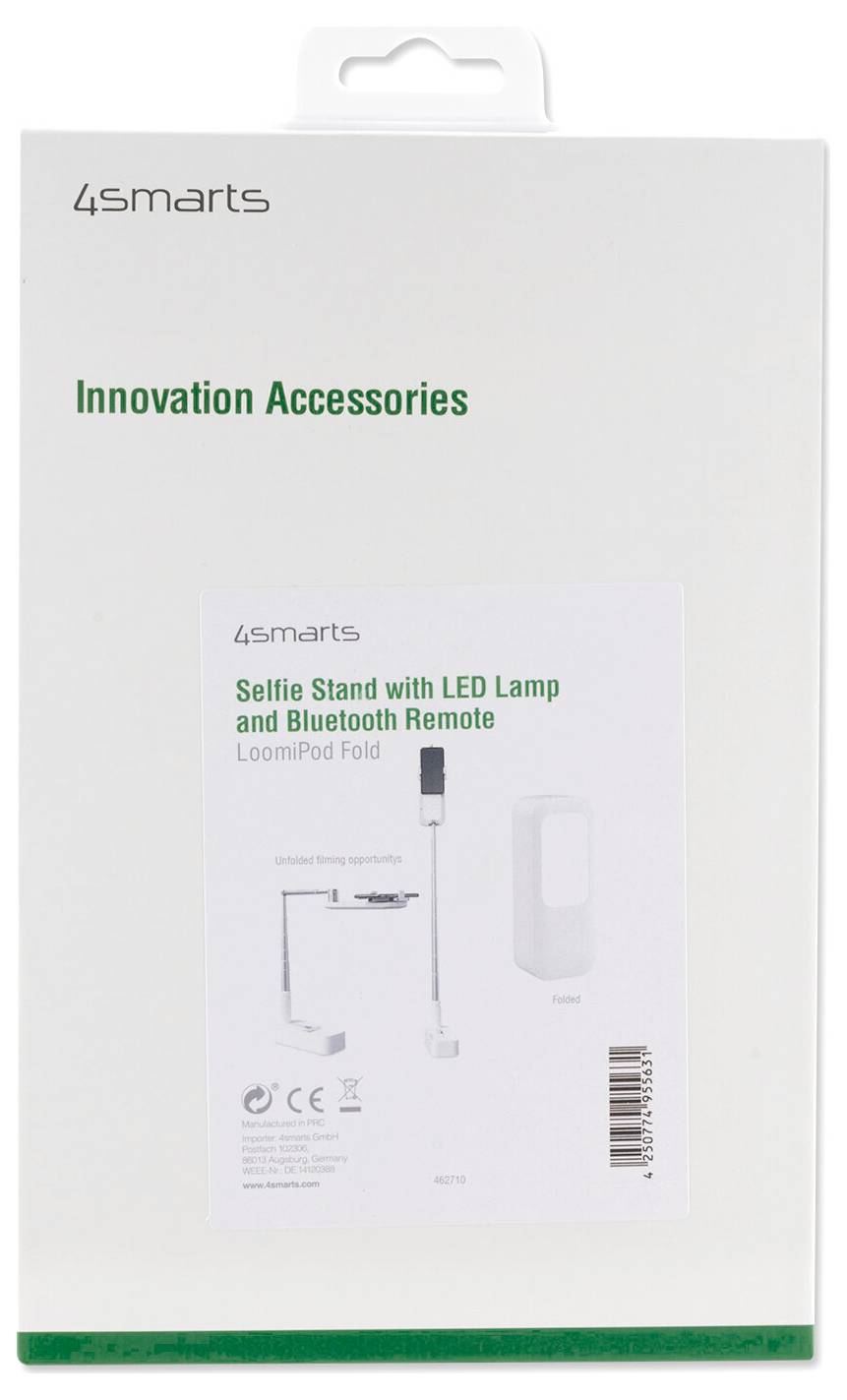 4smarts Innovation Zubehörbox für ein Selfie-Stativ mit LED-Lampe und Bluetooth-Fernbedienung, mit Produktbild und Barcode auf der Vorderseite.