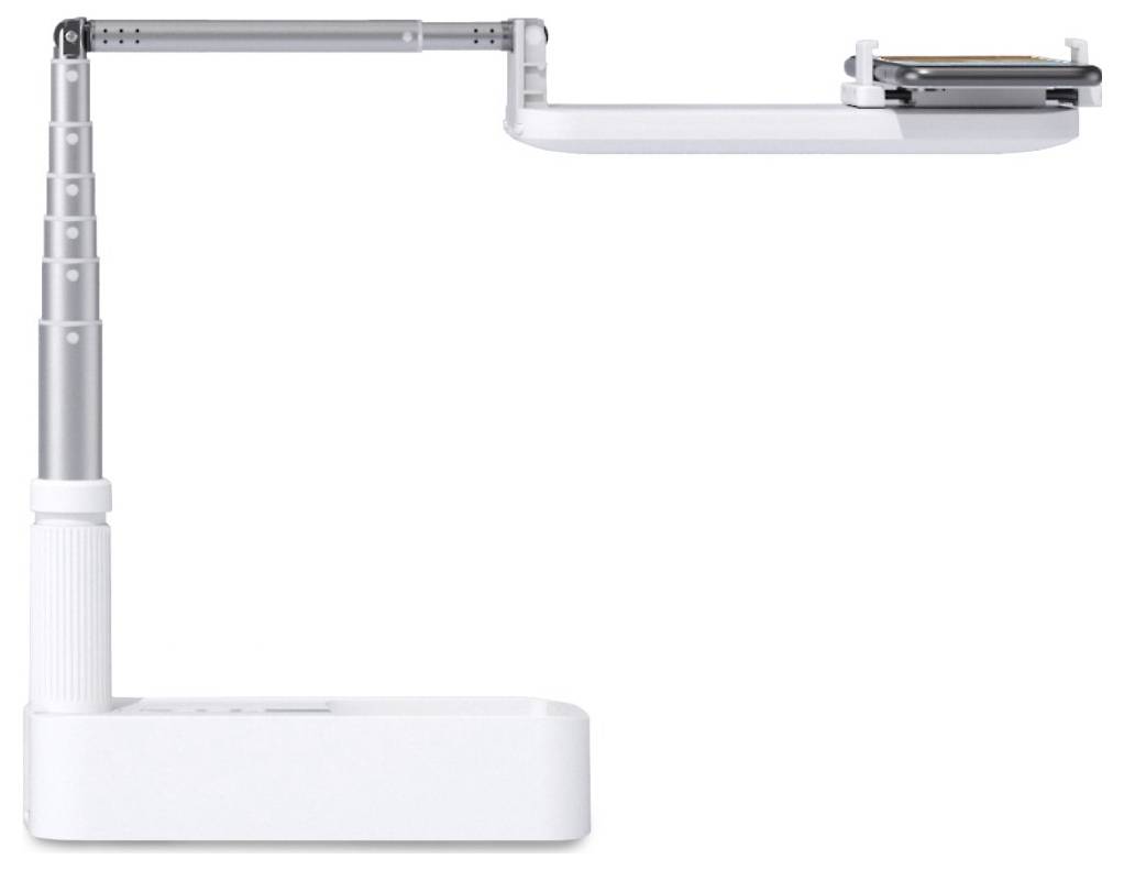 Weiße verstellbare Halterung für Telefon oder Tablet mit Arm, der an einer Basis befestigt ist, von der Seite gegen einen schlichten weißen Hintergrund dargestellt.