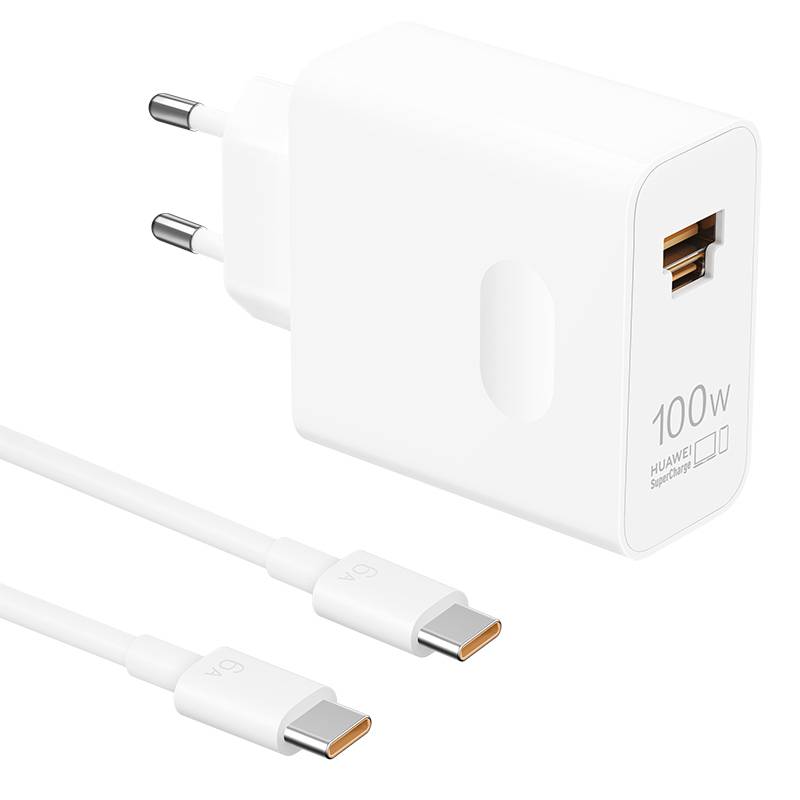 Weißes Huawei 100W USB-Wandladegerät mit europäischem Stecker und USB-A-Anschluss, abgebildet mit einem USB-C-Ladekabel.