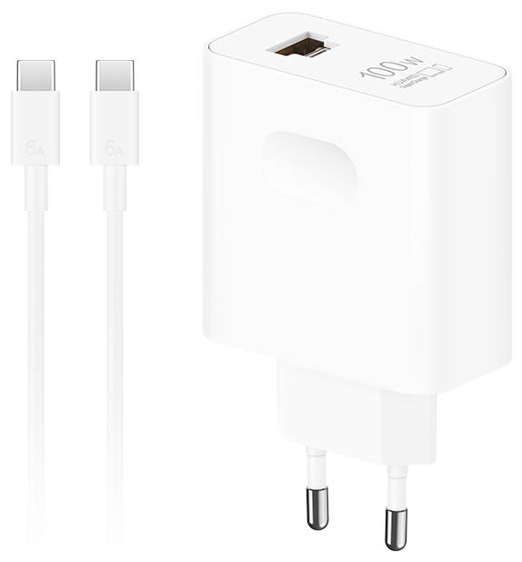 Weiße USB-C-Wandladegerät mit Bezeichnung 100W mit einem USB-C-Kabel daneben und zweipoliger Stecker.