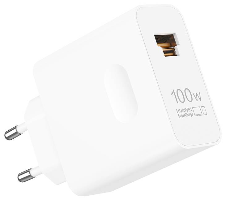 Weißes Huawei 100W SuperCharge Wandladegerät mit zwei runden europäischen Stiften und einem USB-Anschluss
