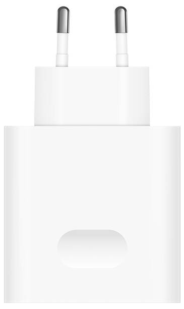 Weißer Dual-PIN-Stromadapter-Ladegerätblock mit einer USB-Port-förmigen Öffnung auf der Vorderseite, gezeigt auf einem einfachen Hintergrund.