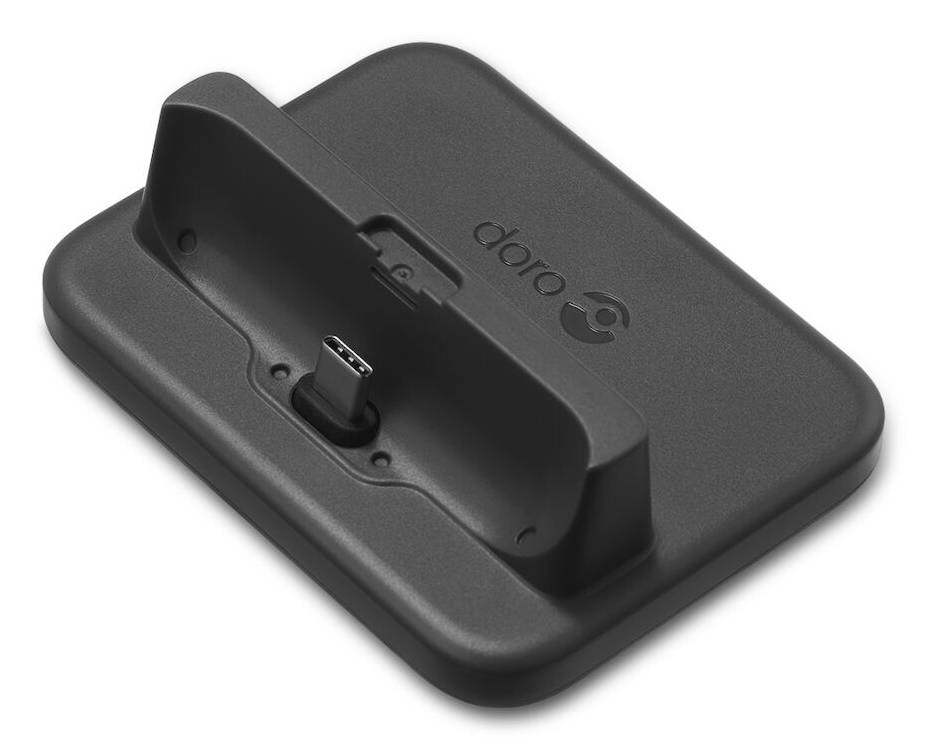 Schwarze Doro-Ladestation mit USB-C-Anschluss auf rechteckiger Basis, gezeigt auf weißem Hintergrund.