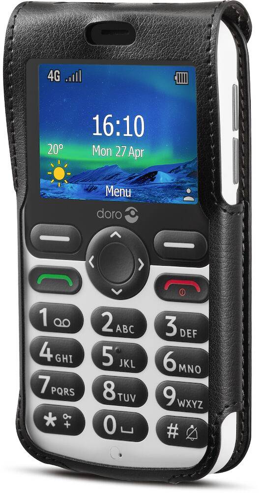 Schwarzes Doro Seniorentelefon mit großen Tasten und Farbdisplay, das 16:10 Seitenverhältnis, Mo 27. Apr, 20°, 4G-Signal und Batteriesymbol anzeigt.