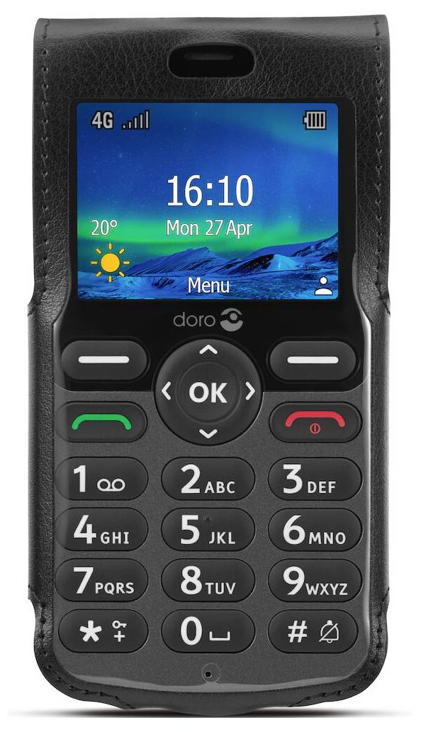 Vorderansicht eines schwarzen Doro-Mobiltelefons mit farbigem Startbildschirm, auf dem die Uhrzeit 16:10, das Datum Mo 27. Apr, 4G-Signal, Akkustand und eine physische Tastatur mit Anruf-/Beendigen-Tasten angezeigt werden.