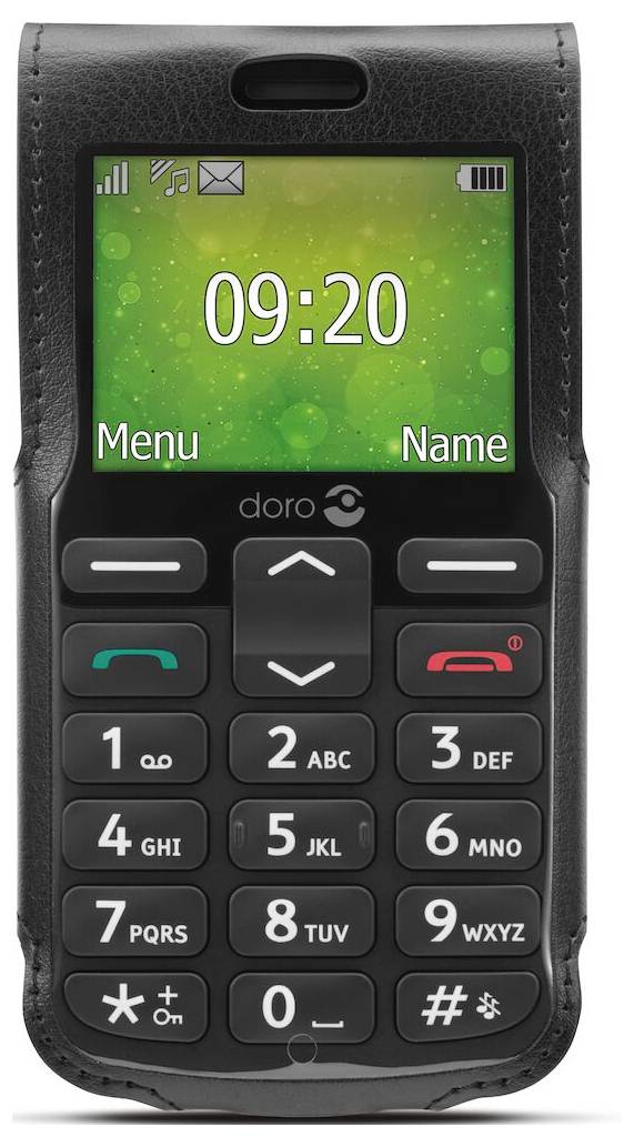 Schwarzes Doro Tastentelefon mit grünem Startbildschirm, das die Uhrzeit 09:20, Statussymbole und Softkeys mit den Beschriftungen 
