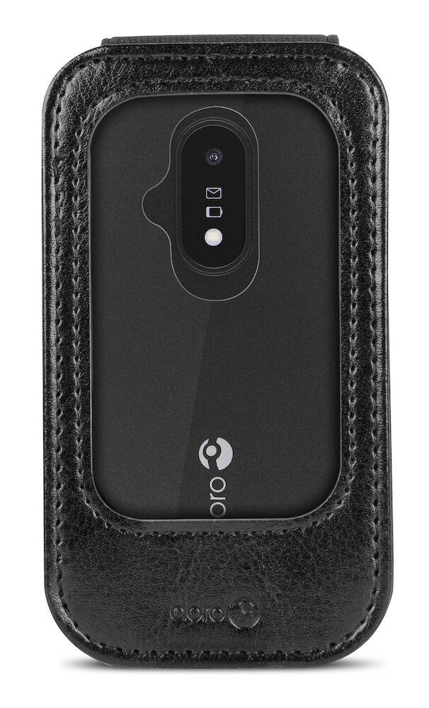 Schwarzes Lederhandyhülle, die ein Smartphone hält, mit rückwärtiger Kamera und sichtbarem 'oro'-Logo auf der Rückseite.