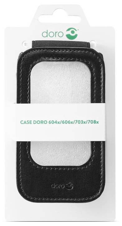 Verpacktes schwarzes Doro-Telefon-Schutzetui mit der Bezeichnung 