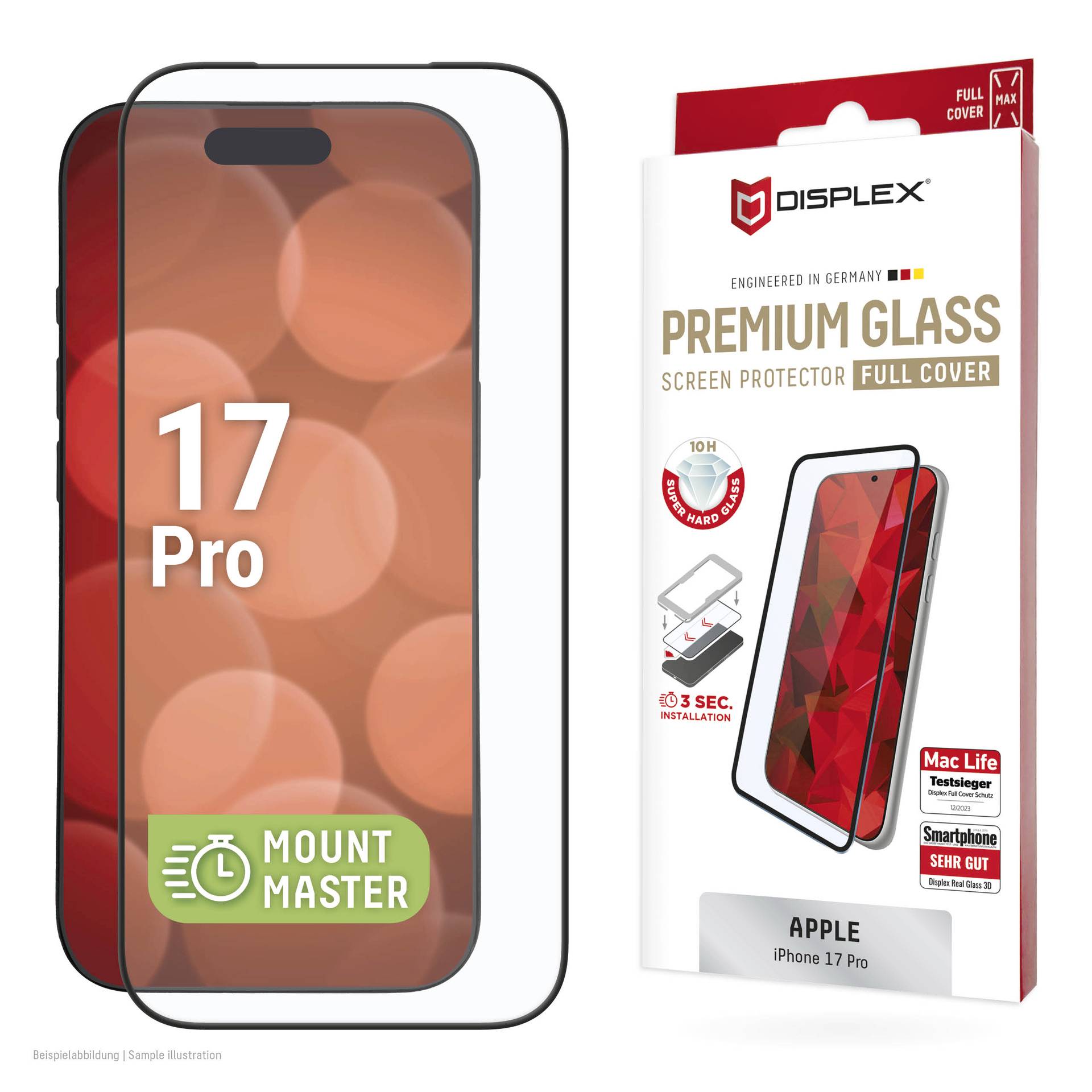 Displayschutzfolien-Paket für Apple iPhone 17 Pro, das einen vollflächigen Premium-Glassschutz und den installierten Schutzschild auf dem Telefon zeigt.