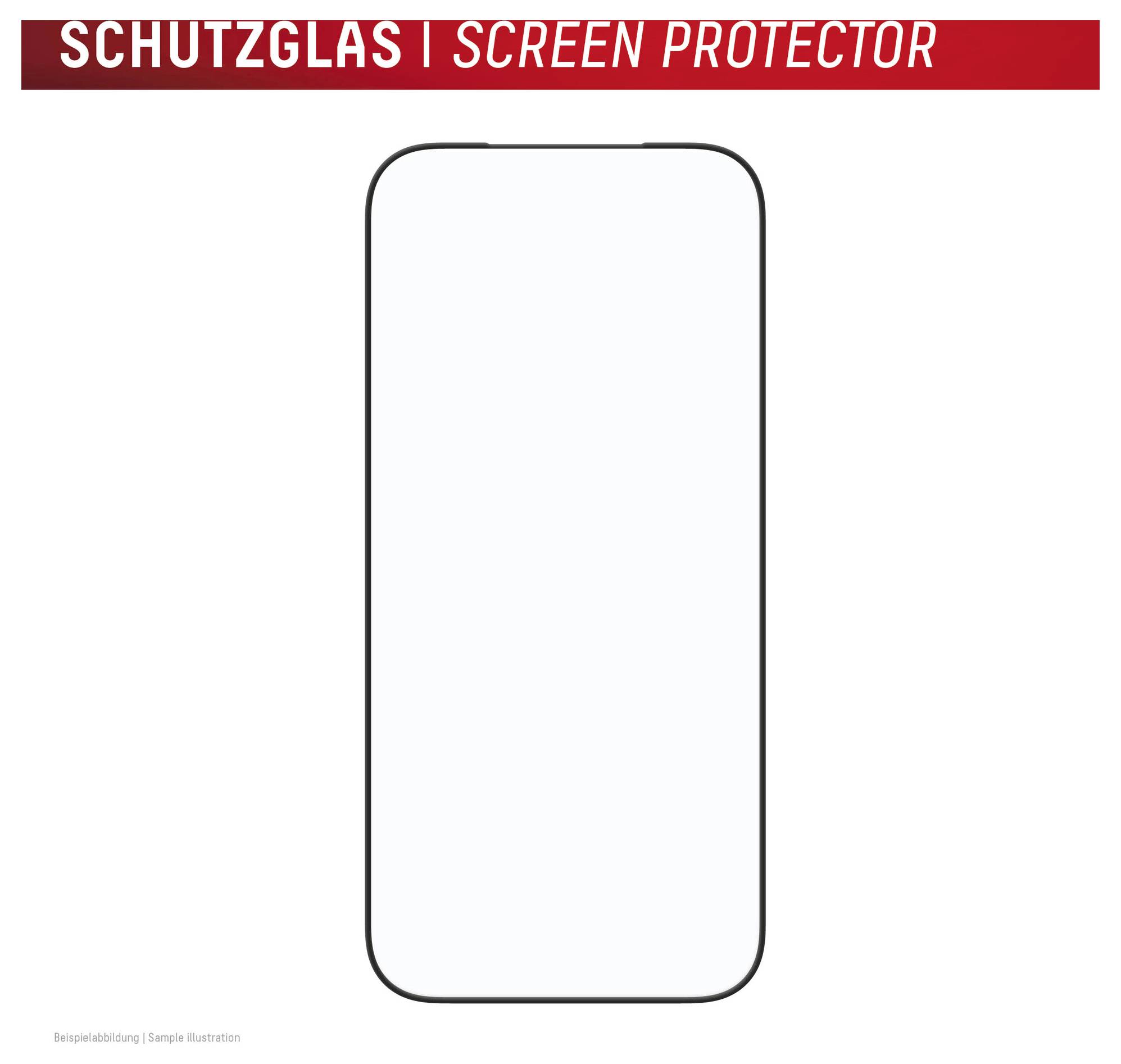 Leerer Displayschutzfilm mit Kontur auf weißem Hintergrund, oben mit der Bezeichnung „SCHUTZGLAS | SCREEN PROTECTOR