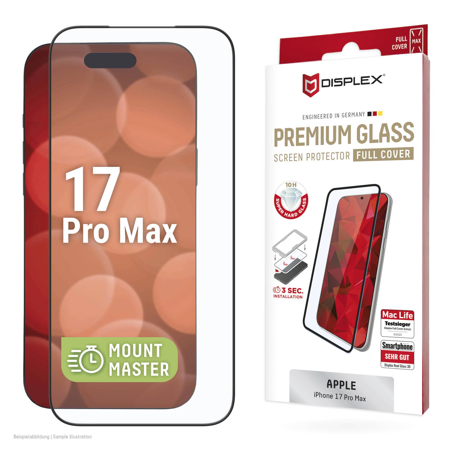 Displex Premium Glasbildschirmschutz für Apple iPhone 17 Pro Max, montiert auf dem Telefon und auf der Produktverpackung mit der Bezeichnung „Full Cover
