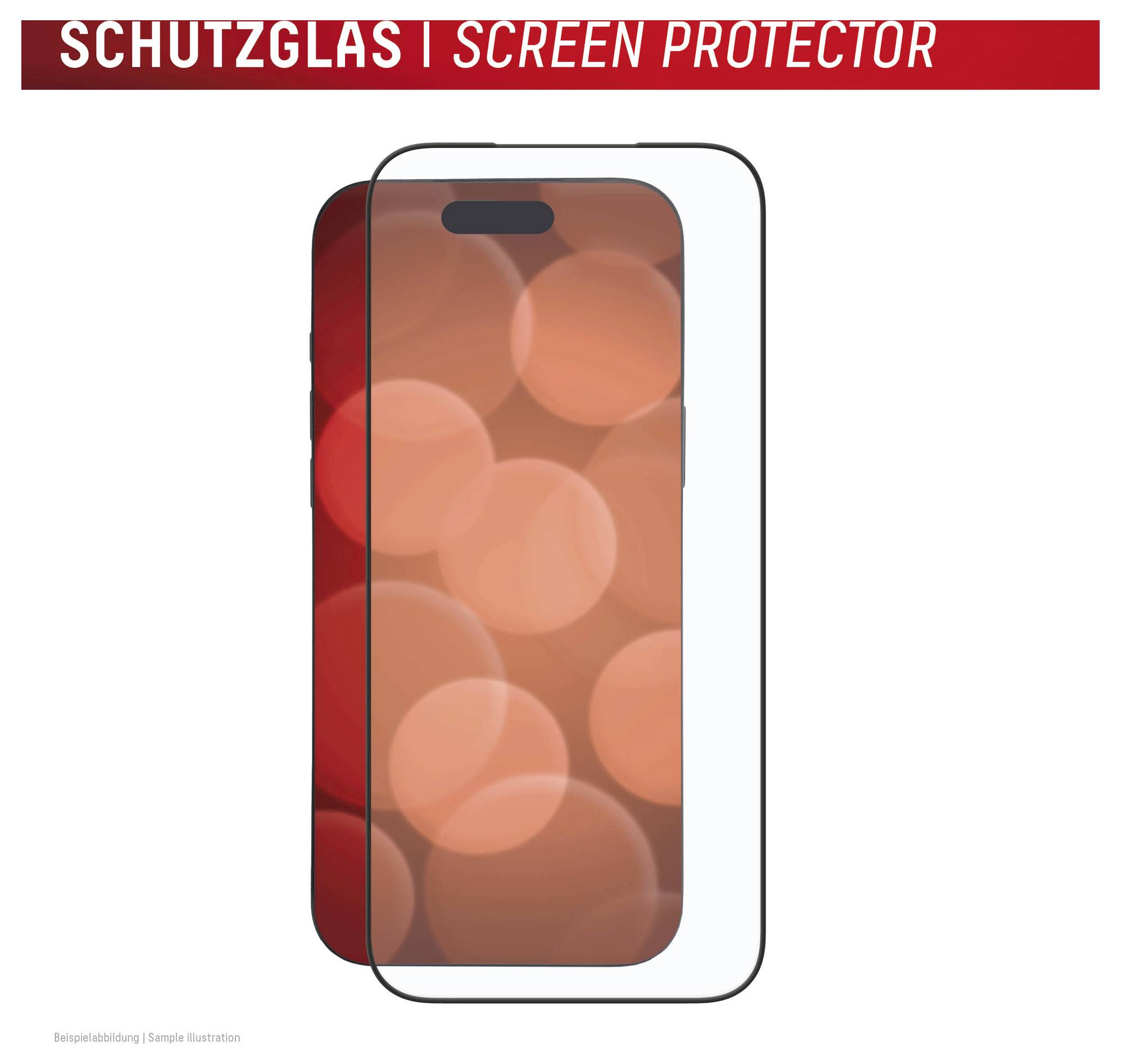 Displayschutz für ein Smartphone, dargestellt als transparentes Overlay mit abgerundeten Ecken auf dem Telefonbildschirm, mit der Beschriftung 