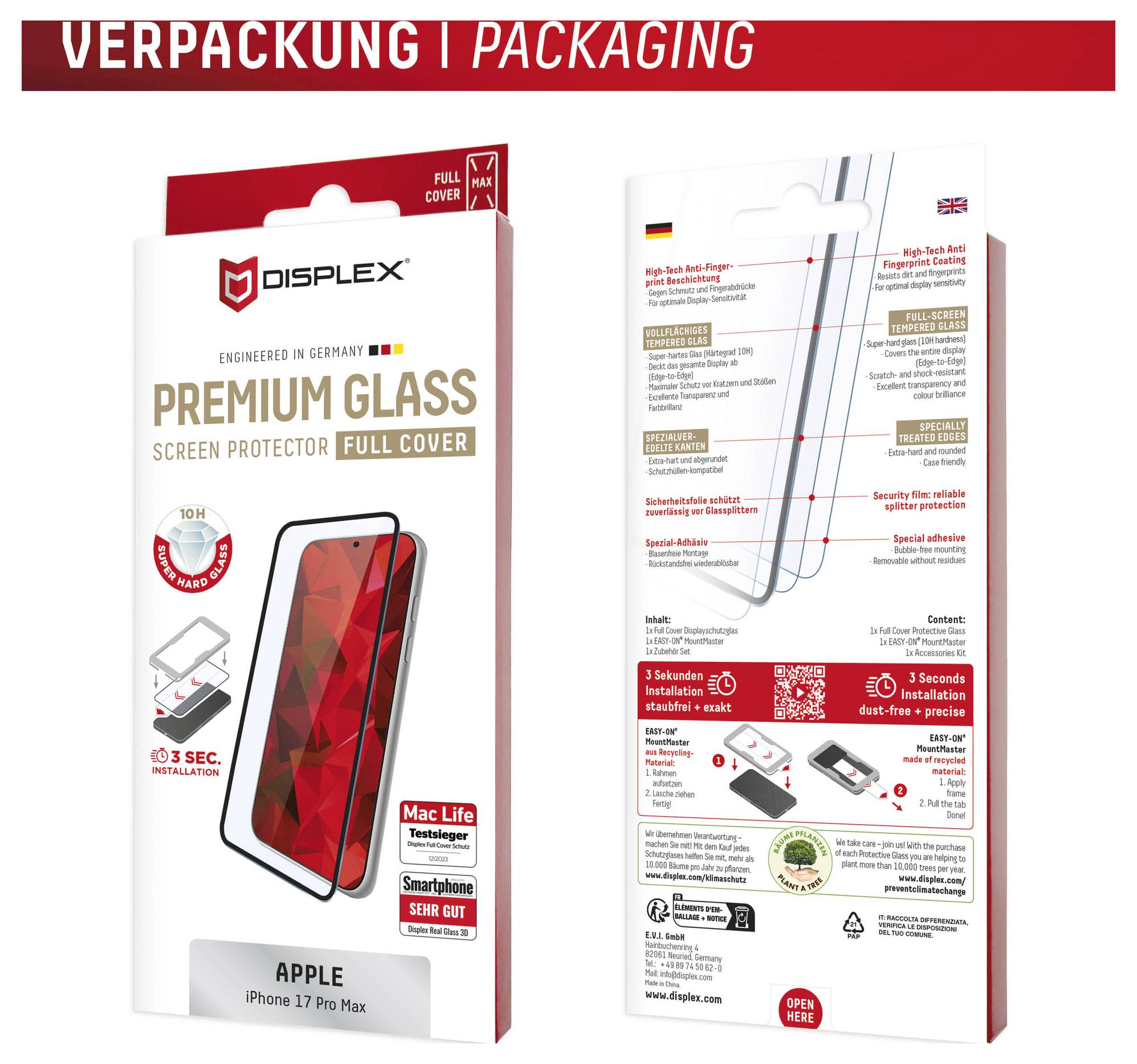 Verpackung für DISPLEX Premium Glass Displayschutzfolie, vollständige Abdeckung, für Apple iPhone 17 Pro Max, Vorder- und Rückseite dargestellt.