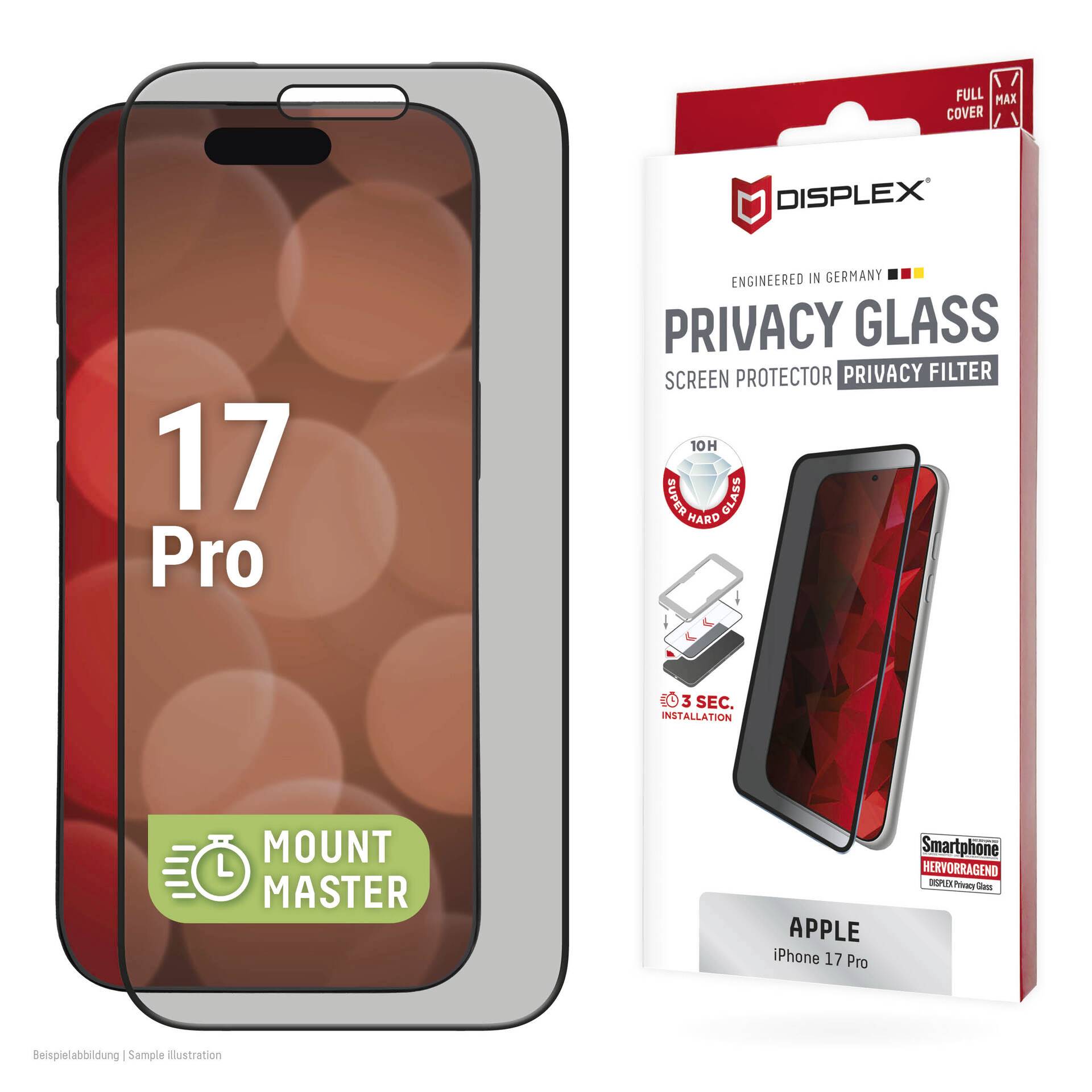 Displex Datenschutz-Glaschutzfolie für Apple iPhone 17 Pro, dargestellt auf einem Telefon mit einer Schachtelverpackung mit der Bezeichnung „Privacy Glass