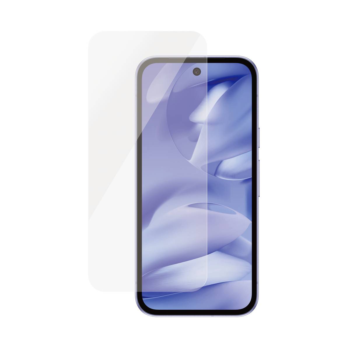 Smartphone mit einer durchsichtigen Displayschutzfolie, die teilweise über dem Display angebracht ist, Vorderansicht auf weißem Hintergrund.