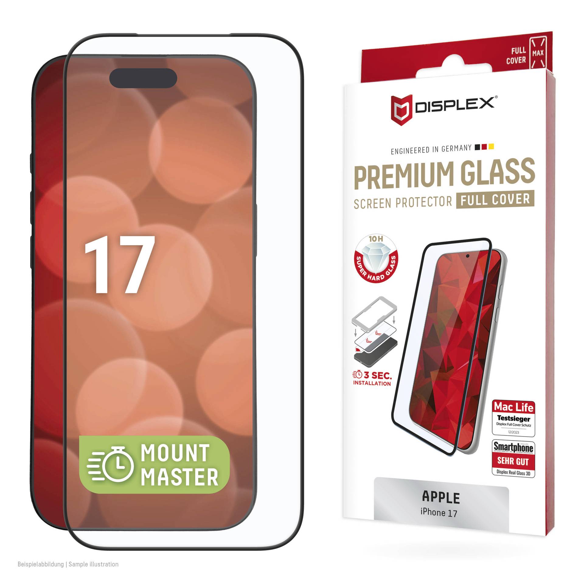 Werbeabbildung eines Displex Premium Glass Vollabdeckungs-Displayschutzes für Apple iPhone 17, zeigt das Telefon und die Produktverpackung mit 