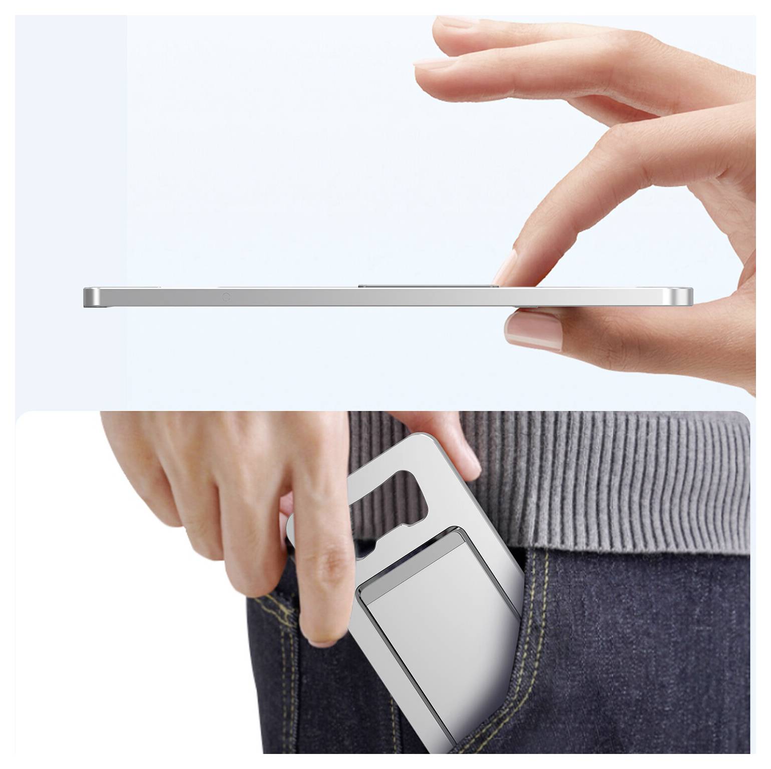 Hände legen ein schlankes Smartphone in eine Jeanstasche, von der Seite und von vorne gezeigt, um das dünne Design des Telefons und die Passung in der Tasche zu veranschaulichen.