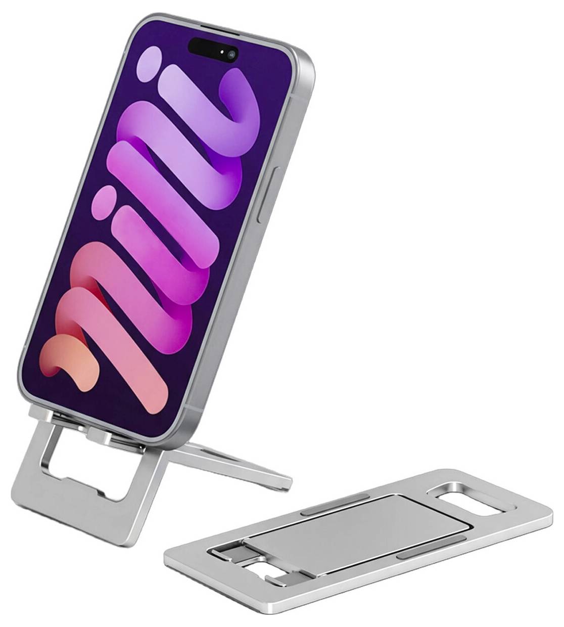 Silberner klappbarer Telefonständer, der ein Smartphone aufrecht hält, wobei der Ständer sowohl zusammengeklappt als auch flach auf weißem Hintergrund gezeigt wird.