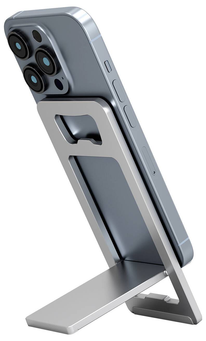 Smartphone auf einem klappbaren Metallständer gestützt, von hinten betrachtet, zeigt das hintere Kamera-Cluster und die abgewinkelte, aufladungsfreundliche Unterstützung.