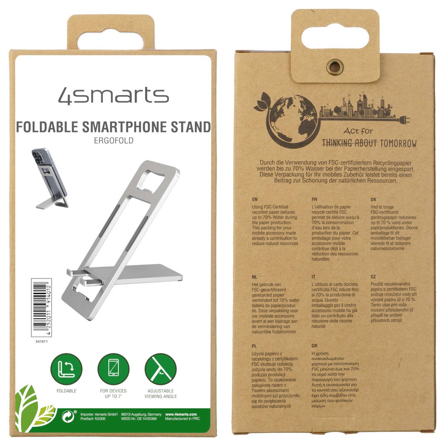Verpackung für einen 4smarts faltbaren Smartphone-Ständer, mit Produktabbildung auf der Vorderseite und Nachhaltigkeitstexten zu recyceltem Karton auf der Rückseite.