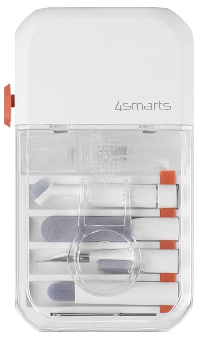 4smarts Markenkamera-Objektivreinigungsset für Smartphones in Weiß und Transparent mit mehreren Werkzeugen in einem kompakten Etui.