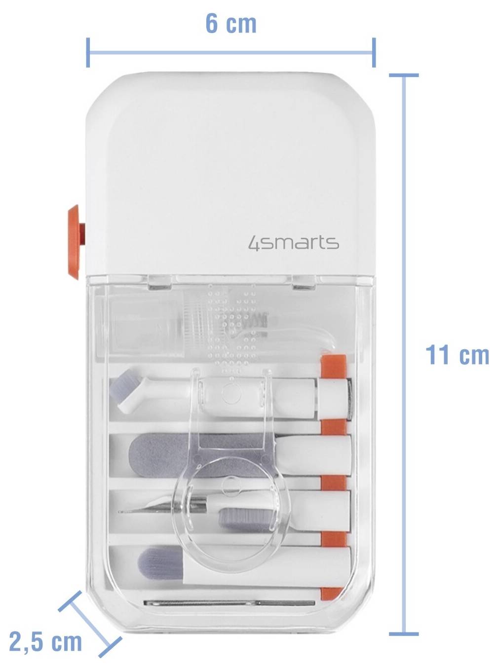 Kompaktes 4smarts Gerät mit transparentem unteren Fach, gezeigt mit Abmessungen von 11 cm Höhe, 6 cm Breite und 2,5 cm Tiefe.